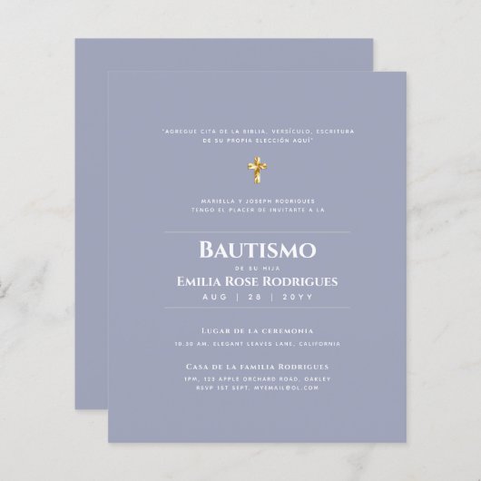 Papier Invitaciones de Bautismo Español Católico Moderno (Devant / Derrière)