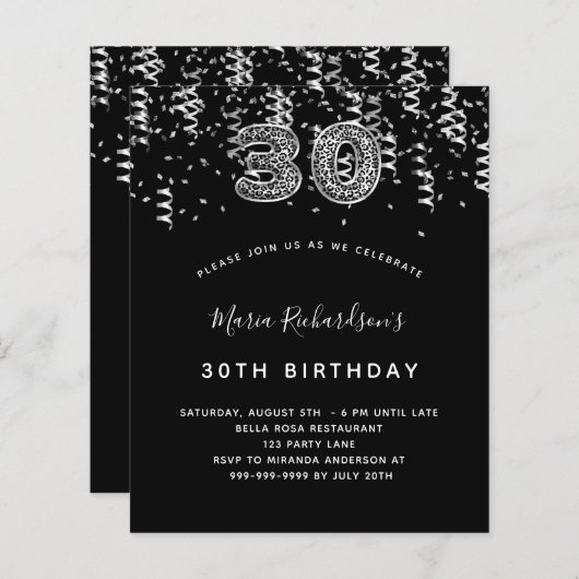 Papier Invitation 30 ans budget argent noir léopard (Devant / Derrière)
