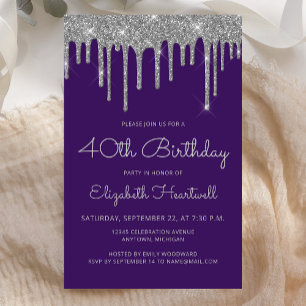 Papier Invitation 40 ans Budget Violet Argent Paillettes