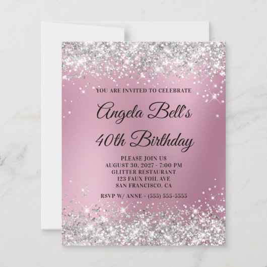 Papier Invitation 40 ans Silver Glitter Pink Blur (Devant)