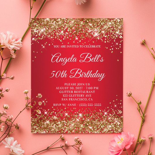 Papier Invitation 50e Anniversaire Ombré Rouge Pailleté O