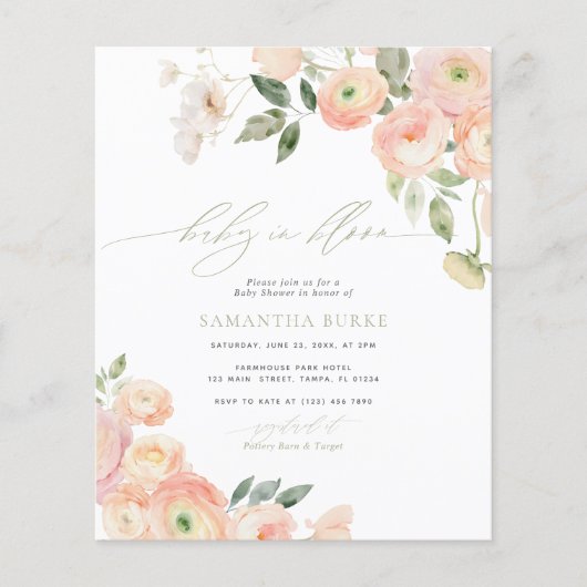 Papier Invitation à la Baby Shower Budget Blush & Sage Bé (Devant)