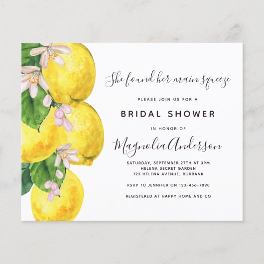 Papier Invitation à la douche nuptiale à base de citron p (Devant)