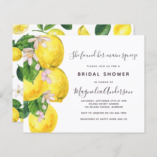 Papier Invitation à la douche nuptiale à base de citron p (Devant / Derrière)