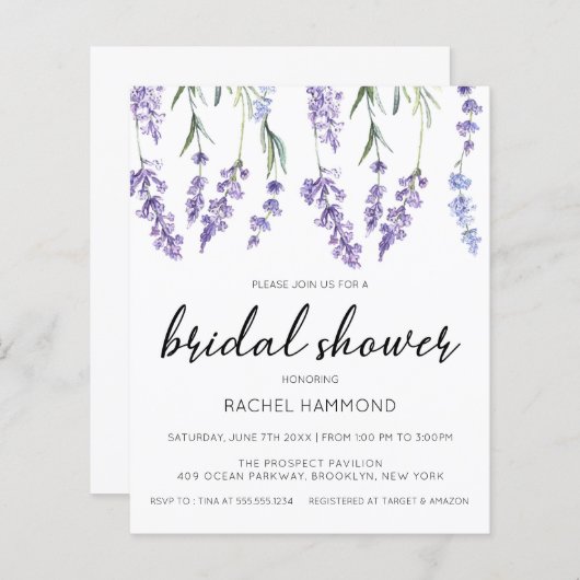 Papier Invitation à la douche nuptiale de lavande budget (Devant / Derrière)