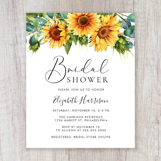 Papier Invitation à la douche nuptiale de tournesol Eucal