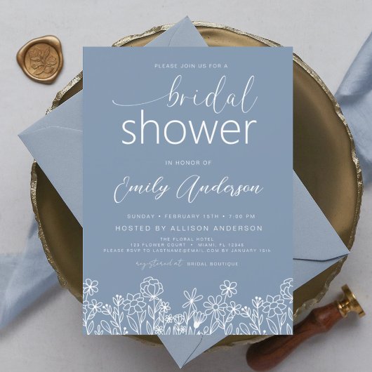 Papier Invitation à la douche nuptiale Dusty Blue Fleur s