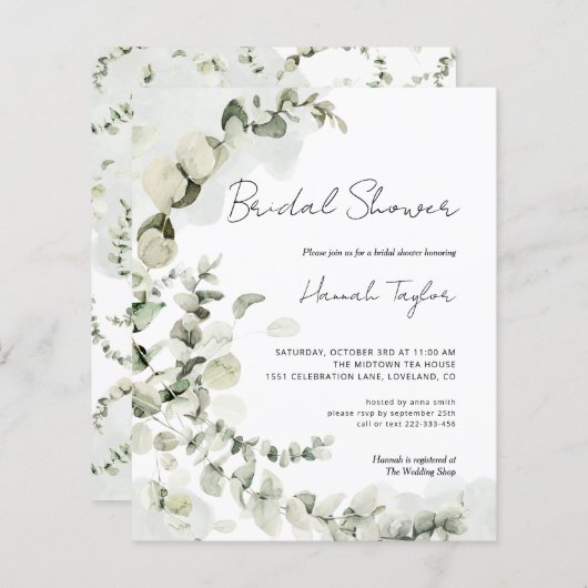 Papier Invitation à la douche nuptiale Eucalyptus Budget (Devant / Derrière)