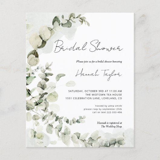 Papier Invitation à la douche nuptiale Eucalyptus Budget (Devant)