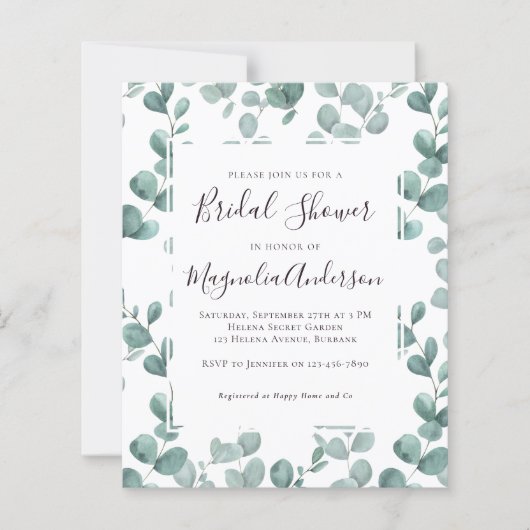 Papier Invitation à la douche nuptiale Eucalyptus Budget (Devant)