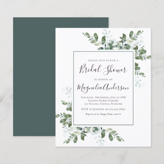 Papier Invitation à la douche nuptiale Eucalyptus Budget (Devant / Derrière)