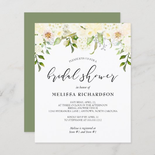 Papier Invitation à la douche nuptiale florale crème budg (Devant / Derrière)