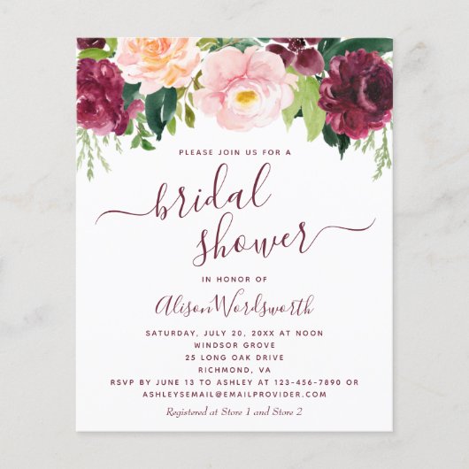 Papier Invitation à la douche nuptiale florale de Bourgog (Devant)