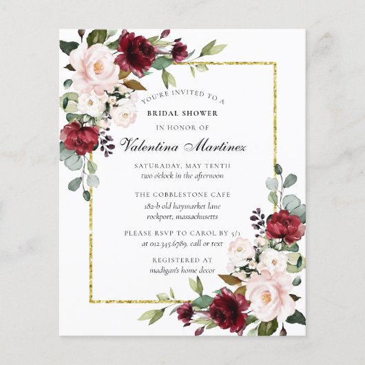 Papier Invitation à la douche nuptiale florale de Bourgog (Devant)