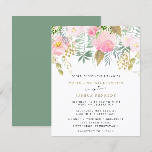 Papier Invitation à la douche nuptiale florale d'or Blush (Devant / Derrière)