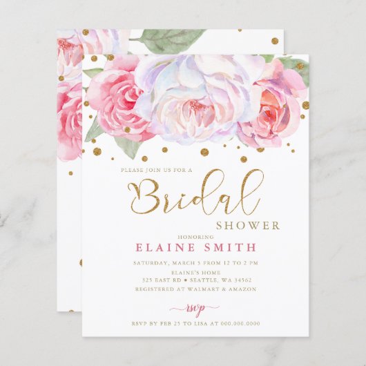 Papier Invitation à la douche nuptiale florale d'or Blush (Devant / Derrière)