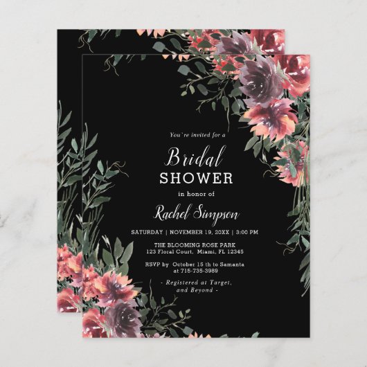 Papier Invitation à la douche nuptiale noire florale Budg (Devant / Derrière)