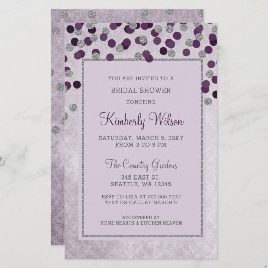 Papier Invitation à la douche nuptiale Purple Confetti Bu (Devant / Derrière)