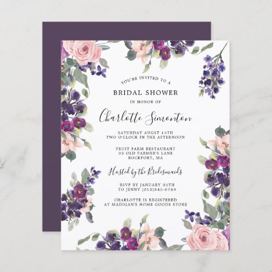 Papier Invitation à la douche nuptiale rose violet budget (Devant / Derrière)