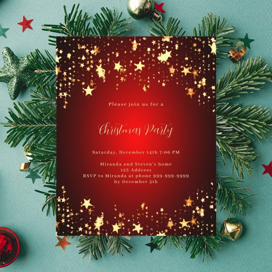 Papier Invitation à la fête de Noël étoiles d'or rouge