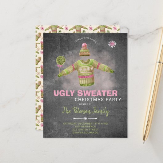Papier Invitation à la fête de Noël pour un pull moche bu (Devant/Arrière en situation)