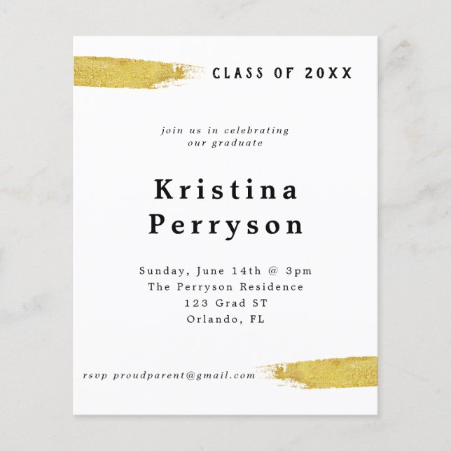 Papier Invitation à la graduation en blanc et en or (Devant)