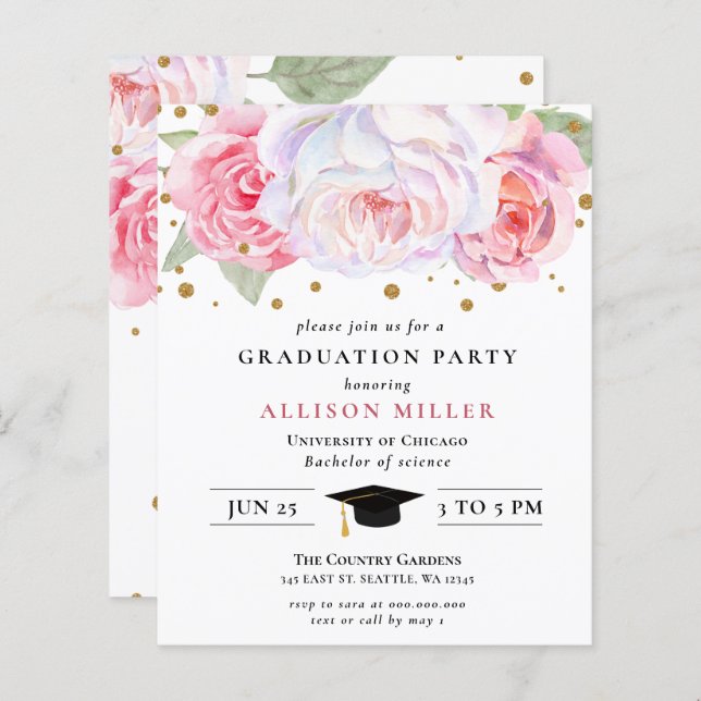 Papier Invitation à la graduation Florale Pink Or Budget (Devant / Derrière)