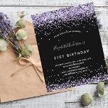 Papier Invitation à la parties scintillant noire violet<br><div class="desc">Une invitation à la fête d'anniversaire de 21e anniversaire, féminine et féminine (ou tout âge). Devant : Un arrière - plan noir chic. Décoré de poussière de parties scintillant violette et violette. Personnalisez et ajoutez un nom et des détails du parti. Le nom est écrit avec un script de style...</div>