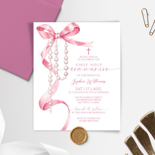 Papier Invitation à la première communion Pink Bow