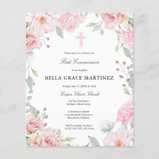 Papier Invitation à la première communion rose budget (Devant)