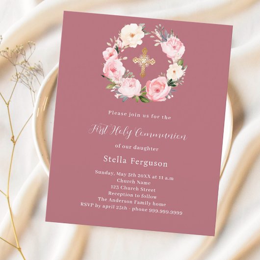 Papier Invitation à la première communion rose or rose fl