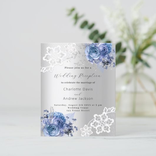 Papier Invitation à la réception de mariage bleu argent (Debout devant)