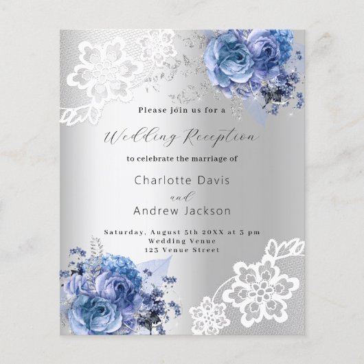 Papier Invitation à la réception de mariage bleu argent (Devant)