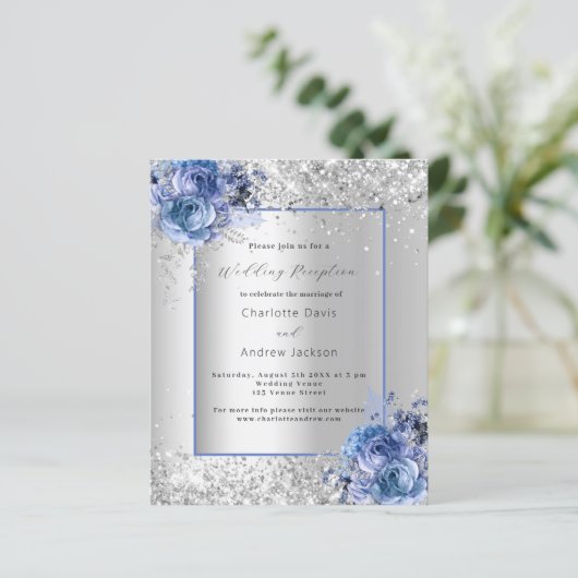 Papier Invitation à la réception de mariage bleu argent (Debout devant)