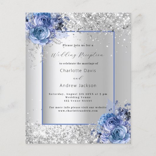 Papier Invitation à la réception de mariage bleu argent (Devant)