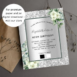 Papier Invitation à l'eucalyptus blanc blanc argenté<br><div class="desc">Faux arrière - plan de couleur argent décoré de fleurs blanches, de fleurs, de verdure d'eucalyptus et de parties scintillant faux argent, scintille. Personnalisez et ajoutez votre nom, les détails de la fête et la palette de couleurs de la tenue. Lettres noires. Cliquez sur "modifier la conception" pour modifier les...</div>