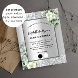 Papier Invitation à l'eucalyptus blanc blanc argenté<br><div class="desc">Faux arrière - plan de couleur argent décoré de fleurs blanches, de fleurs, de verdure d'eucalyptus et de parties scintillant faux argent, scintille. Personnalisez et ajoutez votre nom, les détails de la fête et la palette de couleurs de la tenue. Lettres noires. Cliquez sur "modifier la conception" pour modifier les...</div>