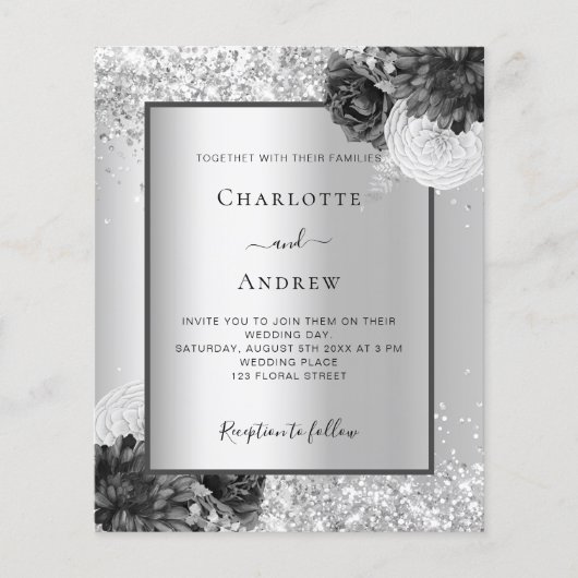 Papier Invitation à mariage élégante à fleurs d'argent (Devant)