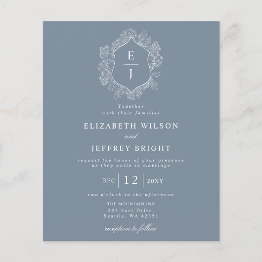 Papier Invitation à motif floral bleu poussiéreux avec mo (Devant)