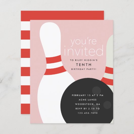 Papier Invitation à une fête d'anniversaire de bowling (Devant / Derrière)