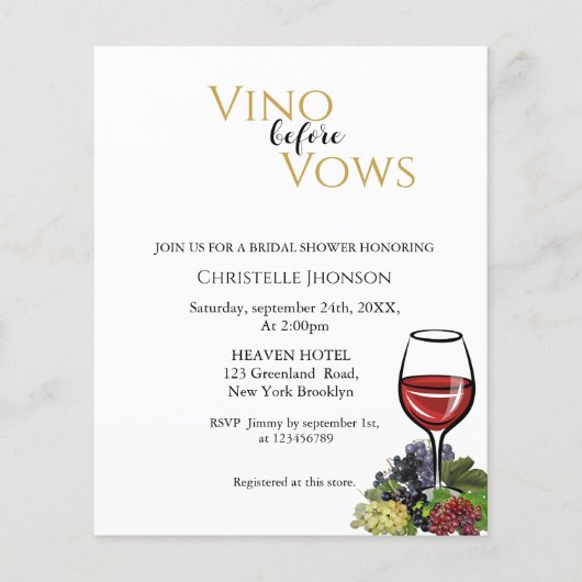 Papier Invitation à une fête de mariage "Vino before vows (Devant)