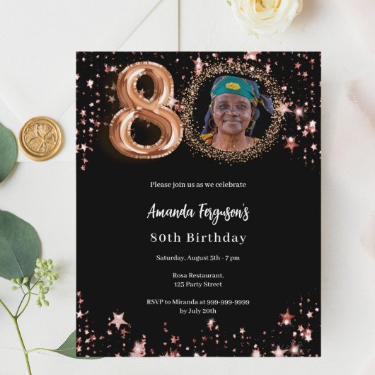 Papier Invitation anniversaire 80 ans photo or rose noir