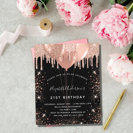 Papier Invitation anniversaire ballons noir rose gold
