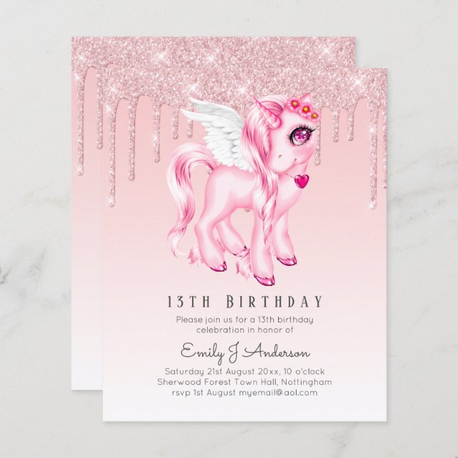 Papier INVITATION Anniversaire de enfant BUDGET Pink Unic (Devant / Derrière)
