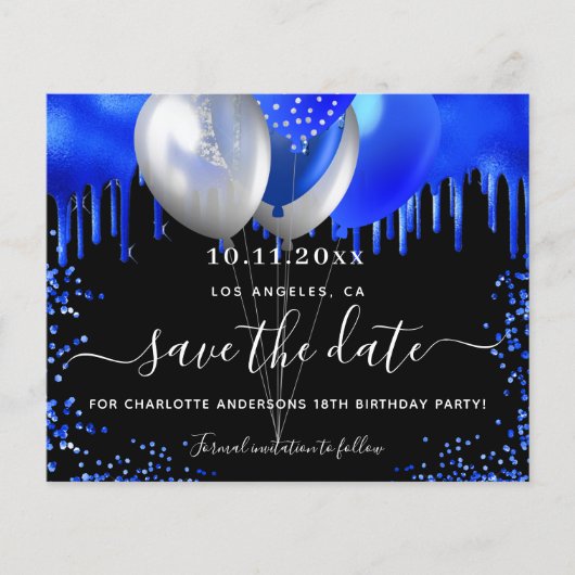Papier Invitation anniversaire noir bleu royal budget enr (Devant)