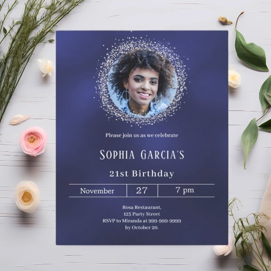 Papier Invitation anniversaire paillettes argent photo bl