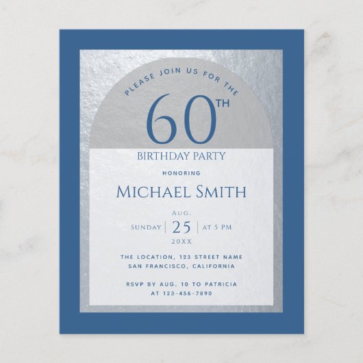 Papier Invitation argent classique bleu pour 60 ans (Devant)
