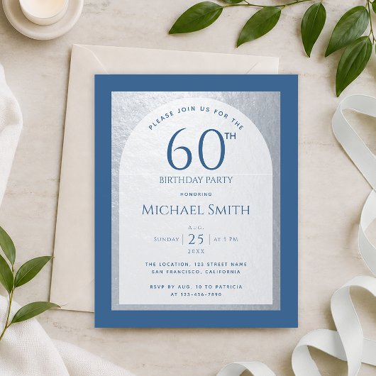 Papier Invitation argentée classique bleu pour 60 ans à p