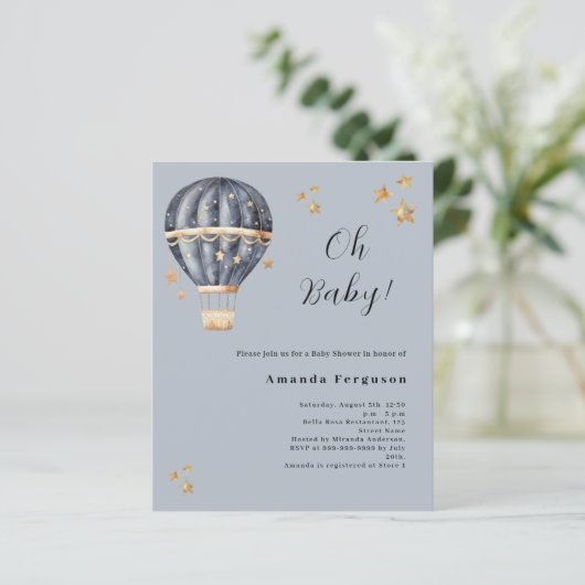 Papier Invitation au Baby shower bleu ballon à air chaud (Debout devant)