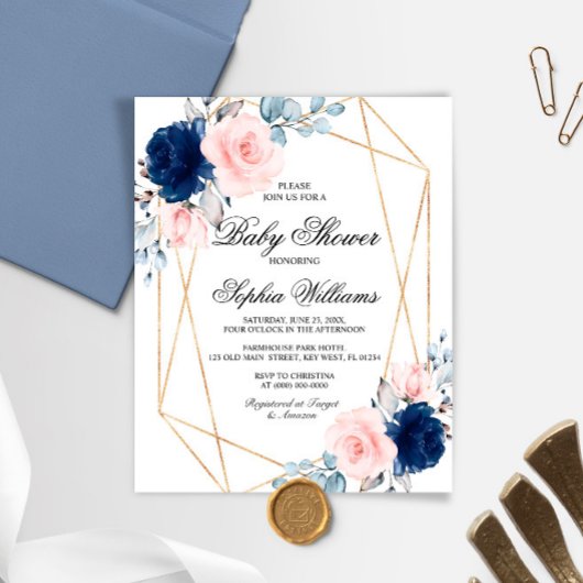 Papier Invitation au Baby shower bleu rose et marine Budg